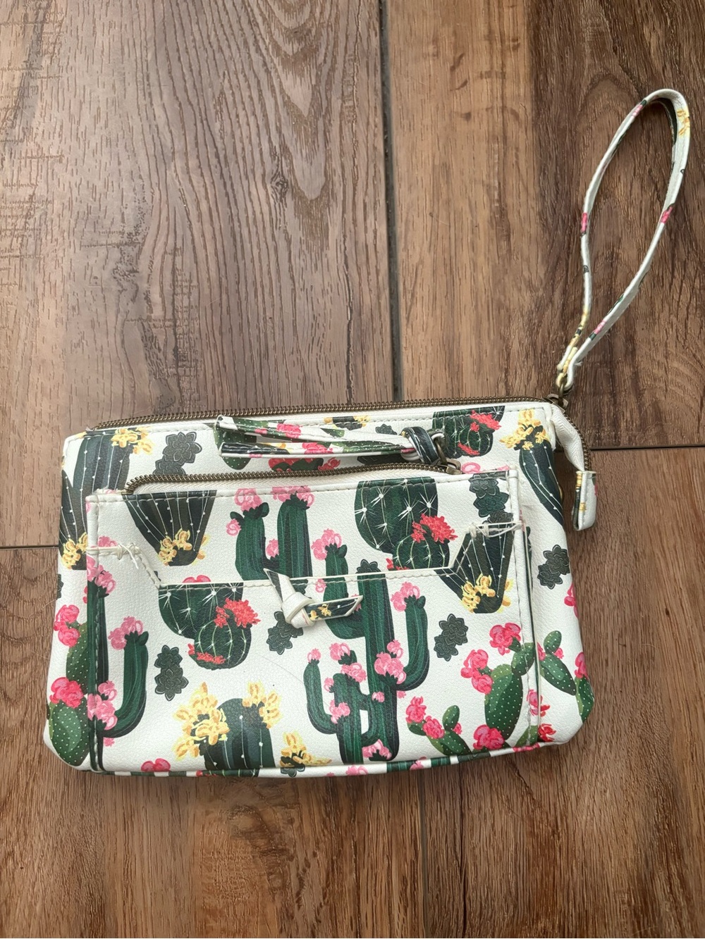 Floral Cactus Print Wristlet Clutch - White with Green & Pink